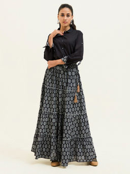Jaipur Kurti - Black Handblock Printed Cotton Skirt