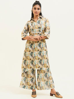 Jaipur Kurti - Olive Green Abstract Printed Asymmetrical Kurta Pant (Set of 2)