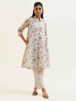 Jaipur Kurti - Sand Grey A-line Floral Kurta With Pant (Set of 2)