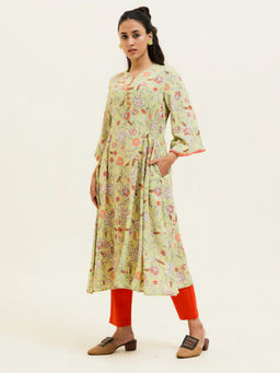 Jaipur Kurti - Lime Green Floral Flared Kurta