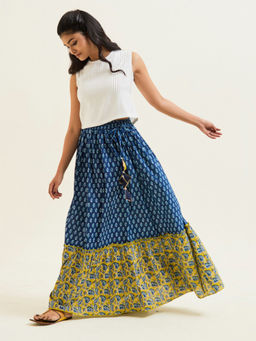 Jaipur Kurti - Blue & Mustard Ethnic Printed Cotton Skirt
