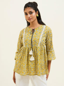 Jaipur Kurti - Mustard Printed Cotton Gathered Top