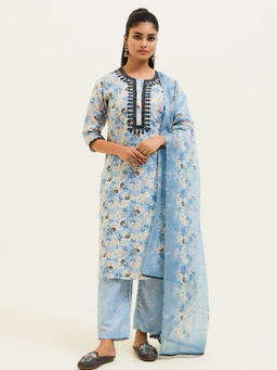 Jaipur Kurti - Blue Floral Printed Embroidered Kurta Pant with Dupatta (Set of 3)