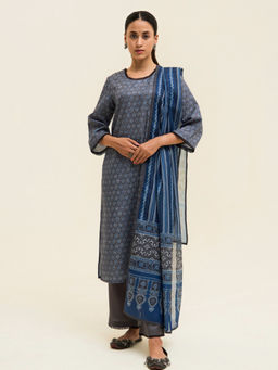 Jaipur Kurti - Grey Handblock Printed Cotton Kurta Pant with Dupatta (Set of 3)