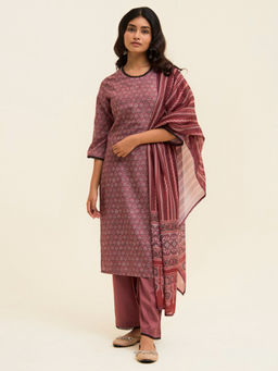 Jaipur Kurti - Mauve Handblock Printed Cotton Kurta Pant with Dupatta (Set of 3)