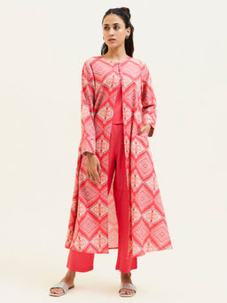 Jaipur Kurti - Peach Geometric Printed Co-ord With Shrug (Set of 3)