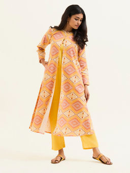 Jaipur Kurti - Yellow Geometric Printed Co-ord With Shrug (Set of 3)