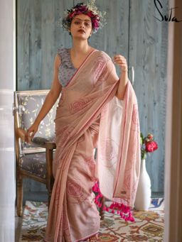 Suta - Beige & Pink Printed Mul Cotton Saree without Blouse