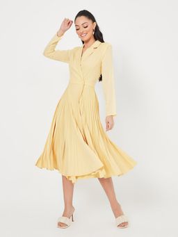 Styli - Yellow Long Sleeves Notch Lapel Pleated Blazer Midi Dress