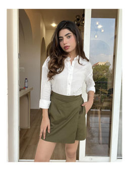 Sugnaa - Olive Solid Cotton Satin Above Knee Skorts Skirt