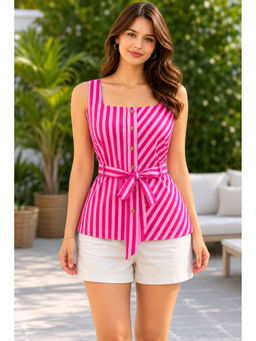 sencei - Pink Striped Tie-Up Cotton Top