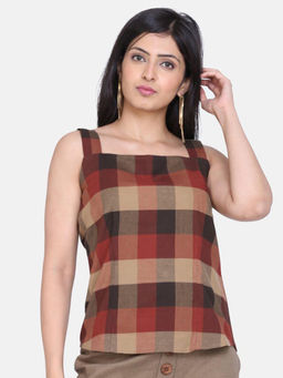 Powersutra - Brown Checked Square Neck Cotton Top