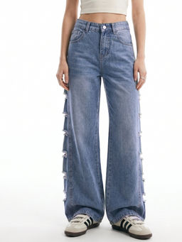 Outzidr - Blue Side Panel Distressed Baggy Fit Denim Jeans