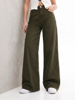 Outzidr - Olive High-Rise Straight Fit Jeans
