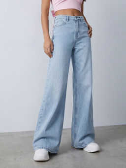 Outzidr - Light Blue Wide Leg With Bow Embroidery Jeans