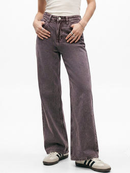 Outzidr - Mocha Mauve High-Rise Straight Fit Jeans