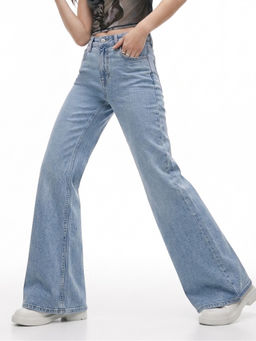 Outzidr - Light Blue High-Rise Flared Denim Jeans