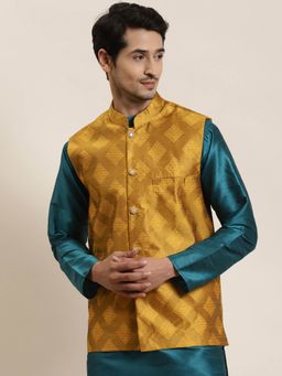 SOJANYA - Men Jacquard Silk Mustard & Gold Self Design Nehru Jacket