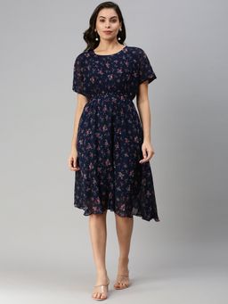 SHOWOFF - Women's Knee Length Floral Navy Blue Round Neck Fit And Flare Dress