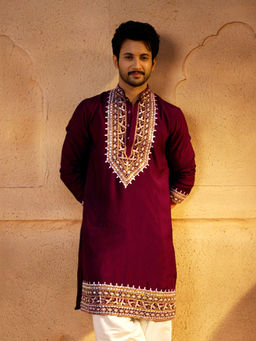 Vastramay - Men Wine Chanderi Kurta