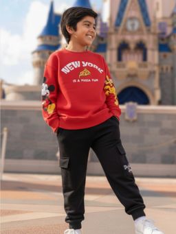 Napchief - Red Cotton Blend Full Sleeves Mickey & Friends Sweatshirt With Joggers