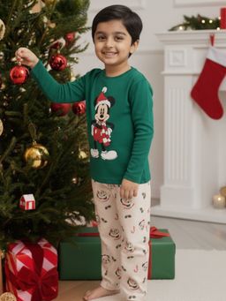 Napchief - Green Pure Cotton Full Sleeves Mickey Mouse T-Shirt With Pyjamas