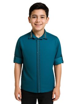 CHARCHIT - Teal Cotton/Lycra Full Sleeves Shirt