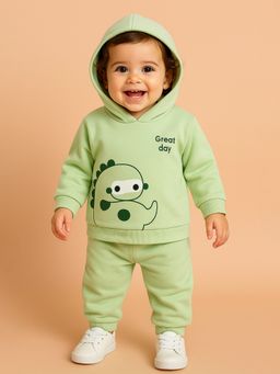 Kidbea - Green Cotton Full Sleeves Hoodie With Joggers