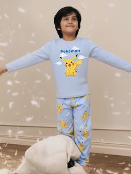 Napchief - Blue Pure Cotton Full Sleeves Pikachu T-Shirt With Pyjamas