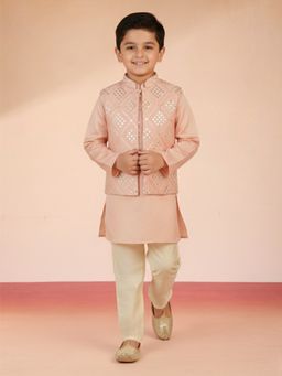 Vastramay - Pink Silk Blend Full Sleeves Nehru Jacket With Kurta & Pyjama