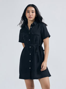 Twenty Dresses by Nykaa Fashion - Black Collared Mini Shirt Dress with Belt