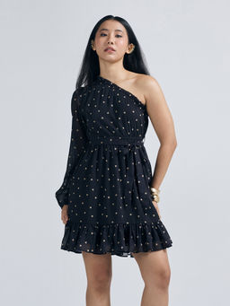 Twenty Dresses by Nykaa Fashion - Black One Shoulder Polka Mini Dress With Belt