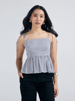 Twenty Dresses by Nykaa Fashion - White Striped Tie Up Strappy Peplum Top