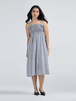 Twenty Dresses by Nykaa Fashion - White Striped Strappy Smocked Midi Dress