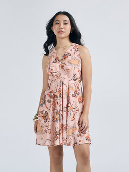 Twenty Dresses by Nykaa Fashion - Orange Printed V Neck Sleeveless Fit And Flare Mini Dress