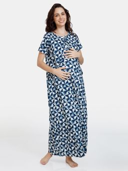Zivame - Coucou Maternity Nightdress with Front Zipper and Discreet Feeding - Navy Peony