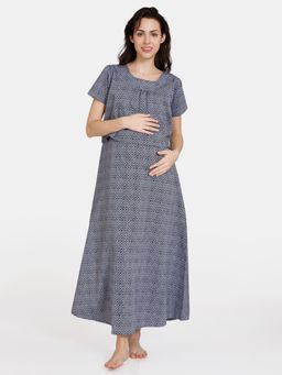Zivame - Coucou Maternity Woven Full Length Nightdress with Discreet Feeding - Crown Grey