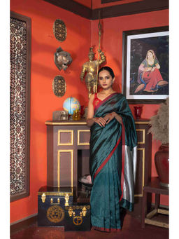Zal from Benaras - Bottle Green Toned Pure Chanderi Silk Saree with Unstitched Blouse