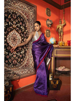 Zal from Benaras - Silver Purple Toned Pure Chanderi Silk Saree with Unstitched Blouse