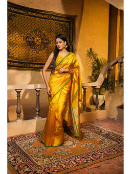 Zal from Benaras - Yellow Pure Chanderi Silk Banarasi Handloom Saree with Unstitched Blouse