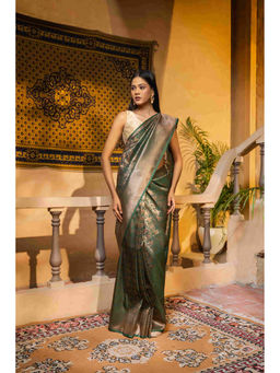 Zal from Benaras - Bottle Green Pure Silk Banarasi Handloom Saree with Unstitched Blouse
