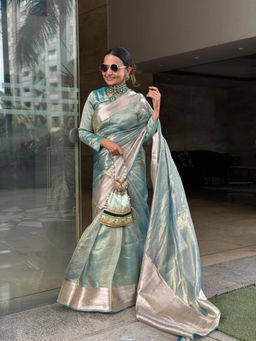 Zal from Benaras - Sky Blue Pure Tissue Silk Banarasi Handloom Saree with Unstitched Blouse