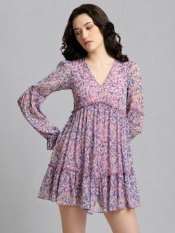 Twenty Dresses by Nykaa Fashion - Purple Floral V neck Skater Mini Dress