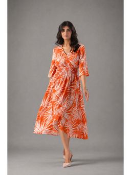 Twenty Dresses by Nykaa Fashion - Orange Tropical Printed Rayon Midi Casual Dress