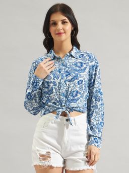 Twenty Dresses by Nykaa Fashion - Blue & White Printed Rayon Crepe Crop Shirt