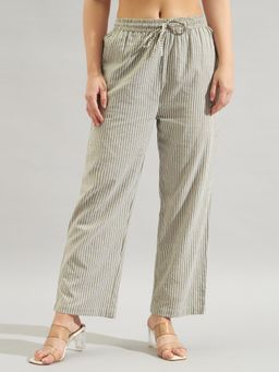 Twenty Dresses by Nykaa Fashion - Women Olive Green & White Striped Straight Fit Pant