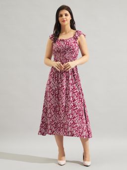 Twenty Dresses by Nykaa Fashion - Maroon Floral Printed Smocked Midi Dress