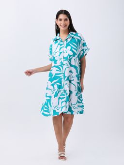 Qurvii - Turquoise Floral Print Shirt Dress