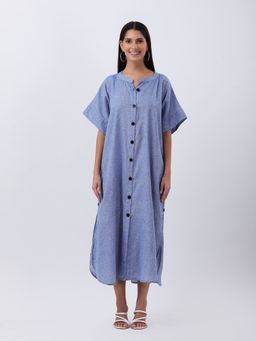 Qurvii - Blue Linen Relax Fit Shirt Dress