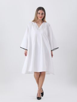 Qurvii - White Cotton Pleated Pintuck Tunic Dress
